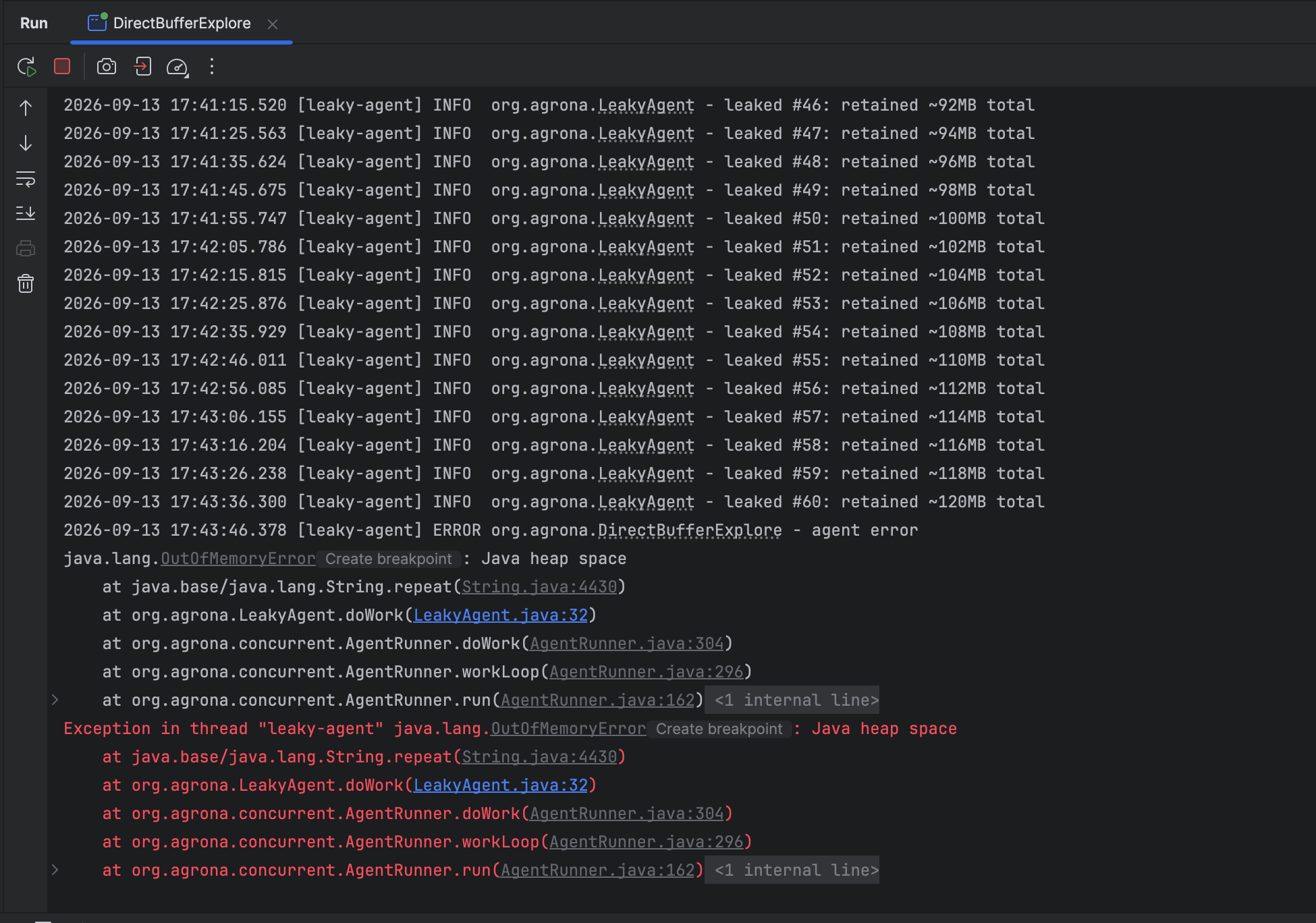 Console log showing leaked #46 through #60, then the OutOfMemoryError stack trace at LeakyAgent.java:32