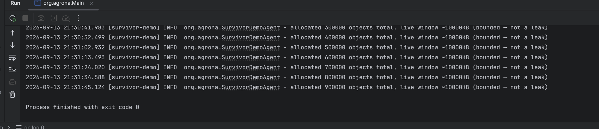 Console log showing survivor-demo allocating up to 900,000 objects with a live window staying at ~10000KB, then exiting cleanly with code 0
